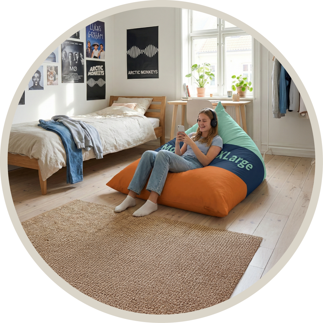 Sækkestol Rund, Sækkestol Messe, Bean Bag med tryk, Fat Boy, sækkestol hjem