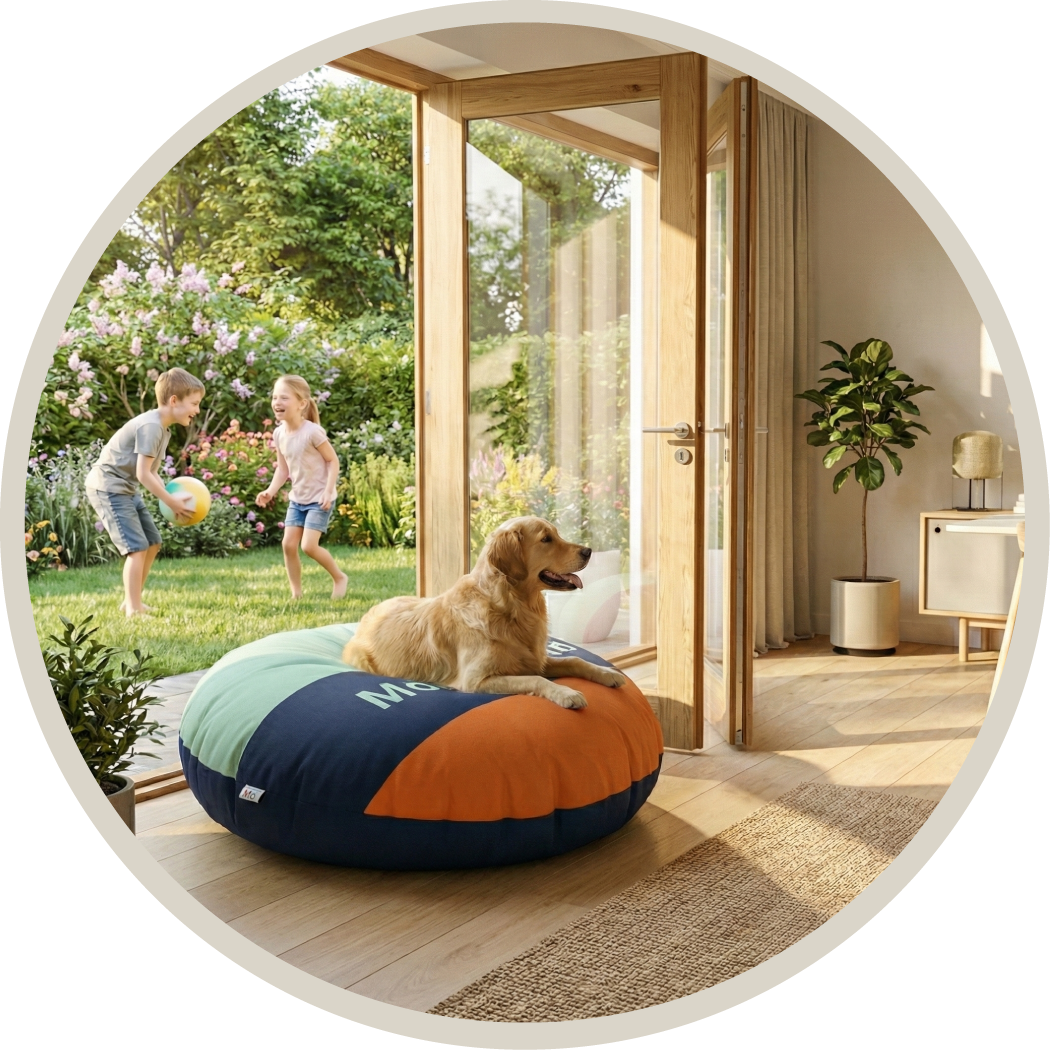 Sækkestol Rund, Sækkestol Messe, Bean Bag med tryk, Fat Boy, sækkestol hjem